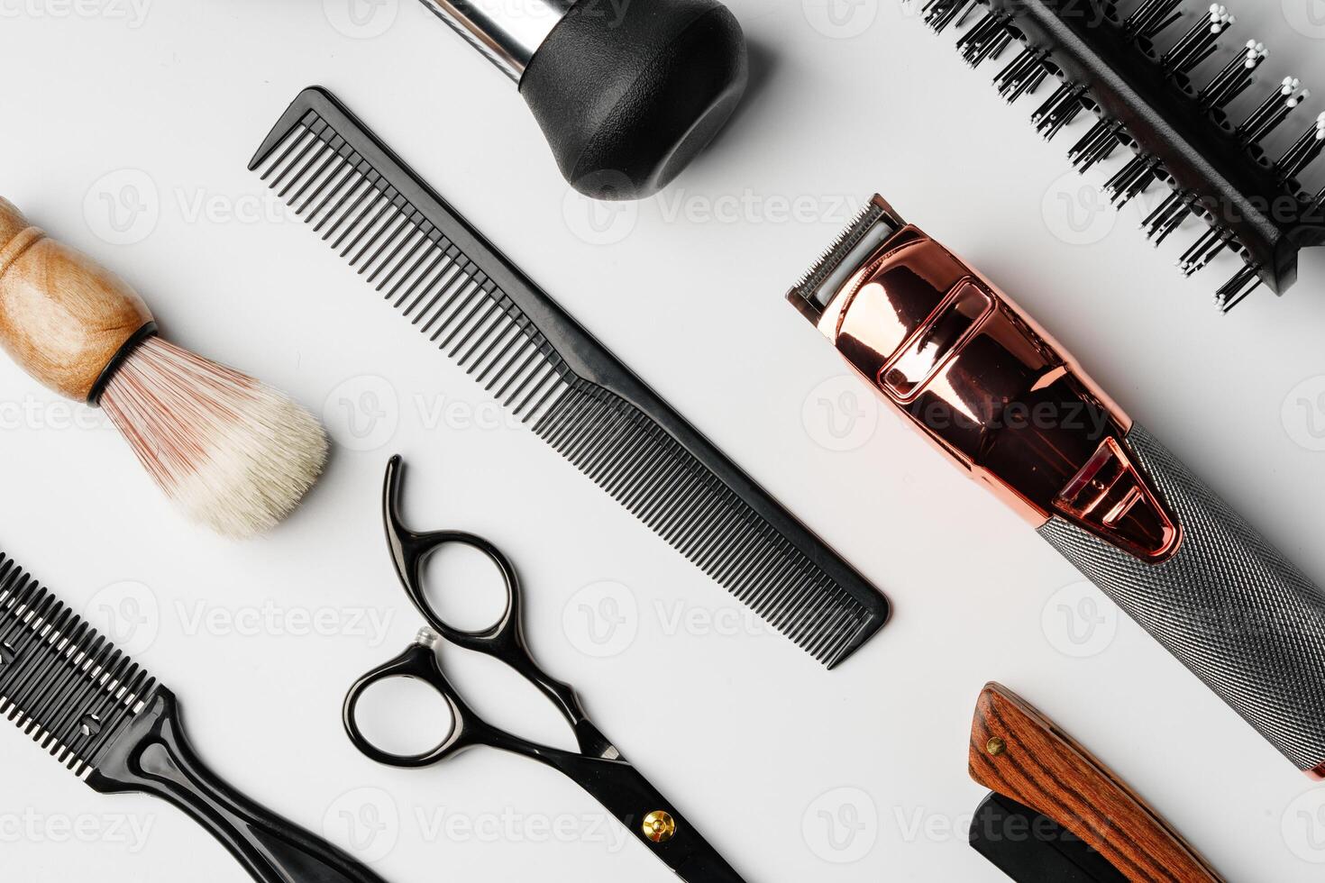 Pattern of various shaving and bauty care accessories for men on gray background photo