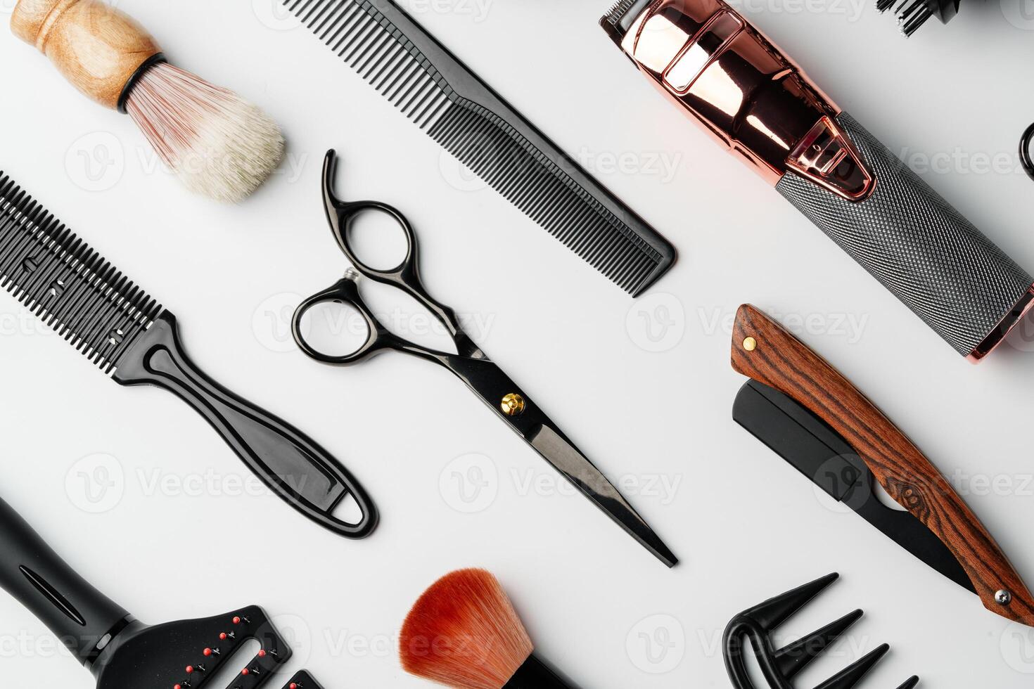 Pattern of various shaving and bauty care accessories for men on gray background photo
