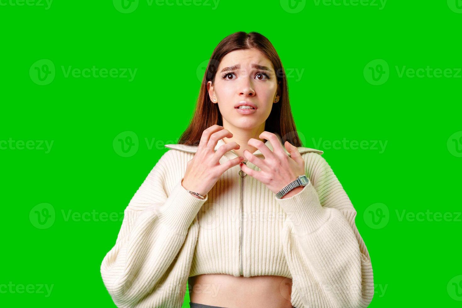Woman in White Sweater Making Gesture photo