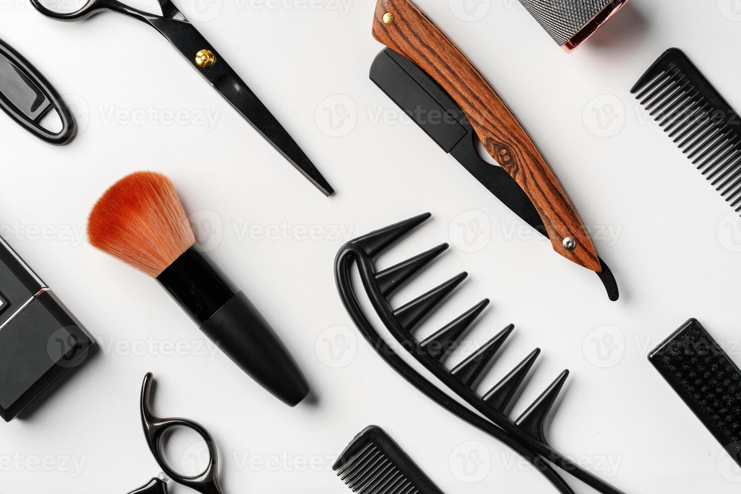 Pattern of various shaving and bauty care accessories for men on gray background photo