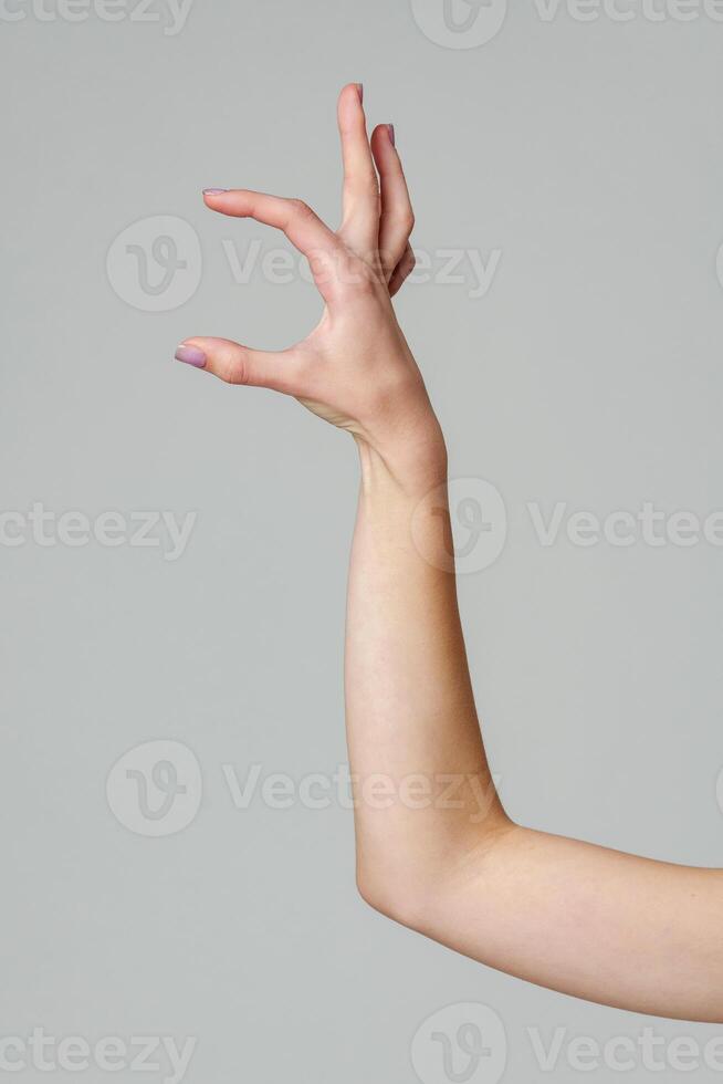 Female hand sign against gray background in studio photo