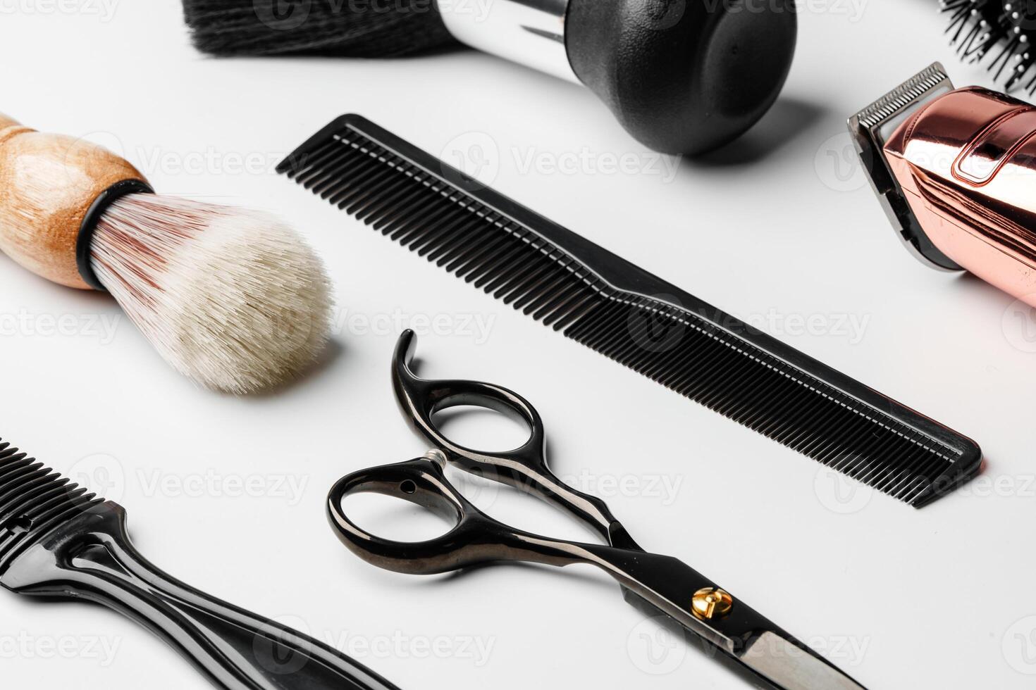 Pattern of various shaving and bauty care accessories for men on gray background photo