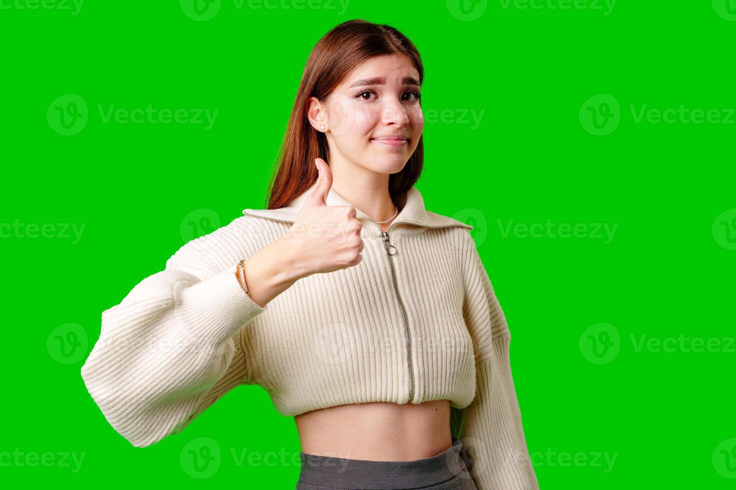 Woman in White Sweater Giving Thumbs Up photo