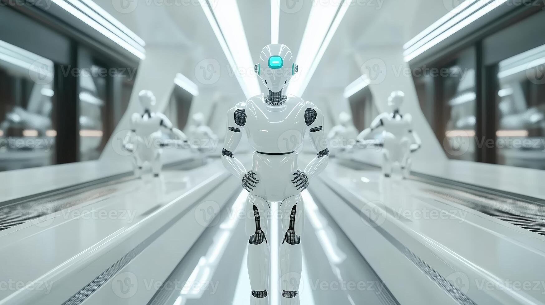 Robotic figures line a futuristic hallway in a high-tech facility, showcasing advanced engineering in a sleek, modern environment photo