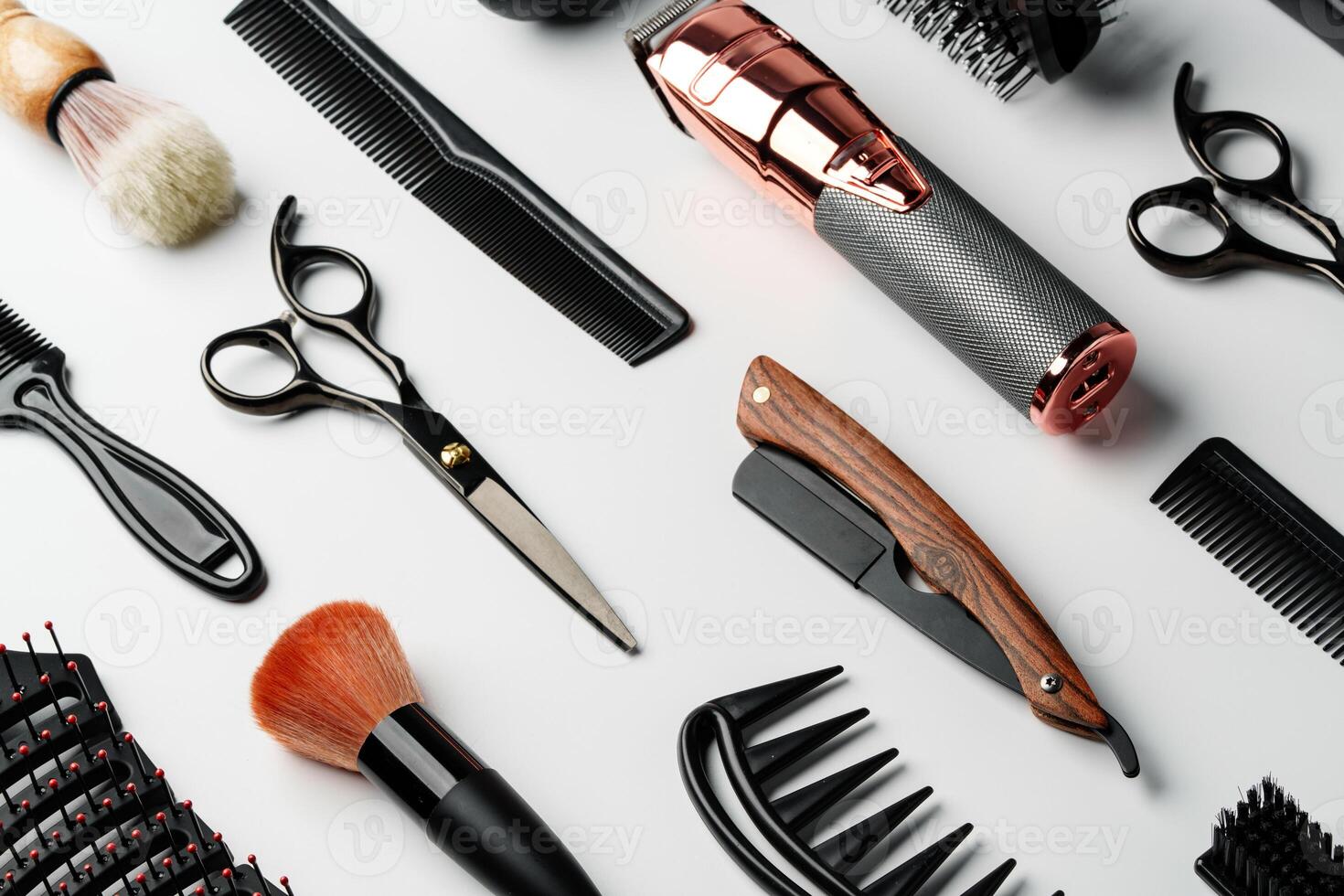 Pattern of various shaving and bauty care accessories for men on gray background photo
