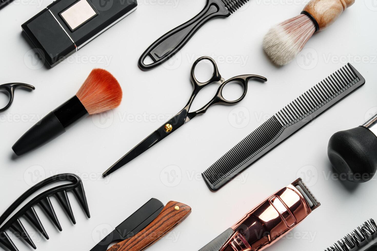Pattern of various shaving and bauty care accessories for men on gray background photo