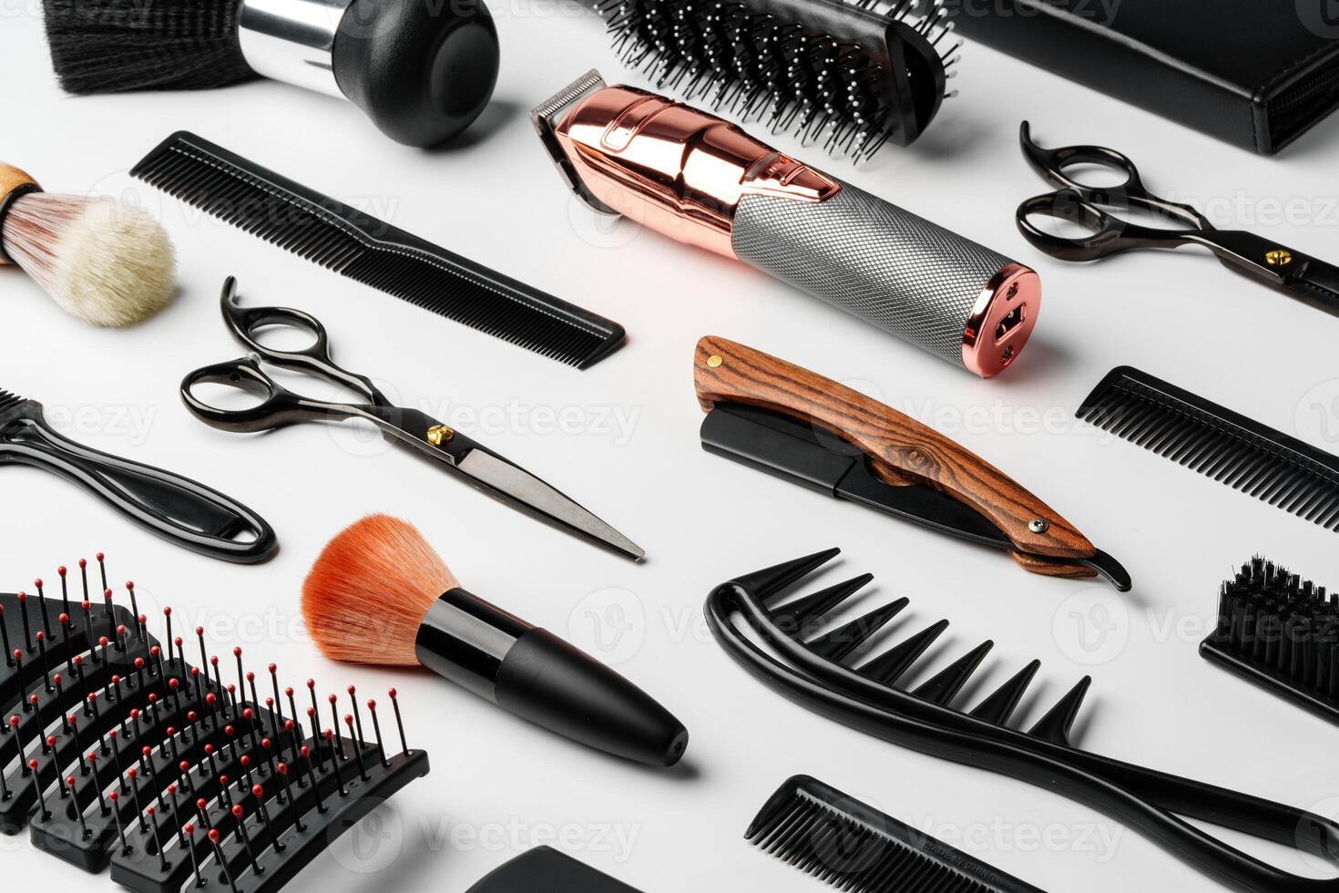 Pattern of various shaving and bauty care accessories for men on gray background photo