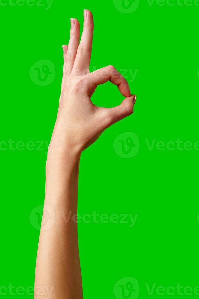 Hand Gesturing Okay Sign Against a Vibrant Green Background photo