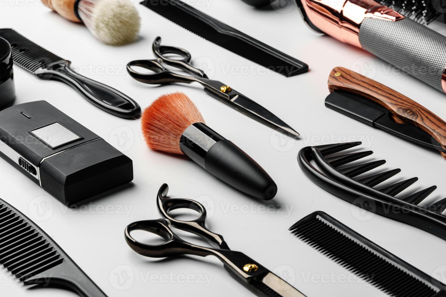 Pattern of various shaving and bauty care accessories for men on gray background photo
