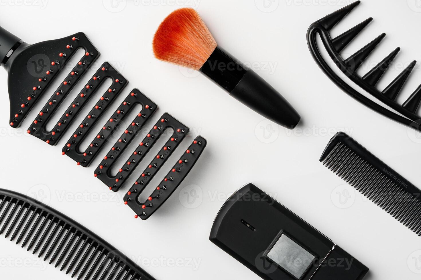 Pattern of various shaving and bauty care accessories for men on gray background photo