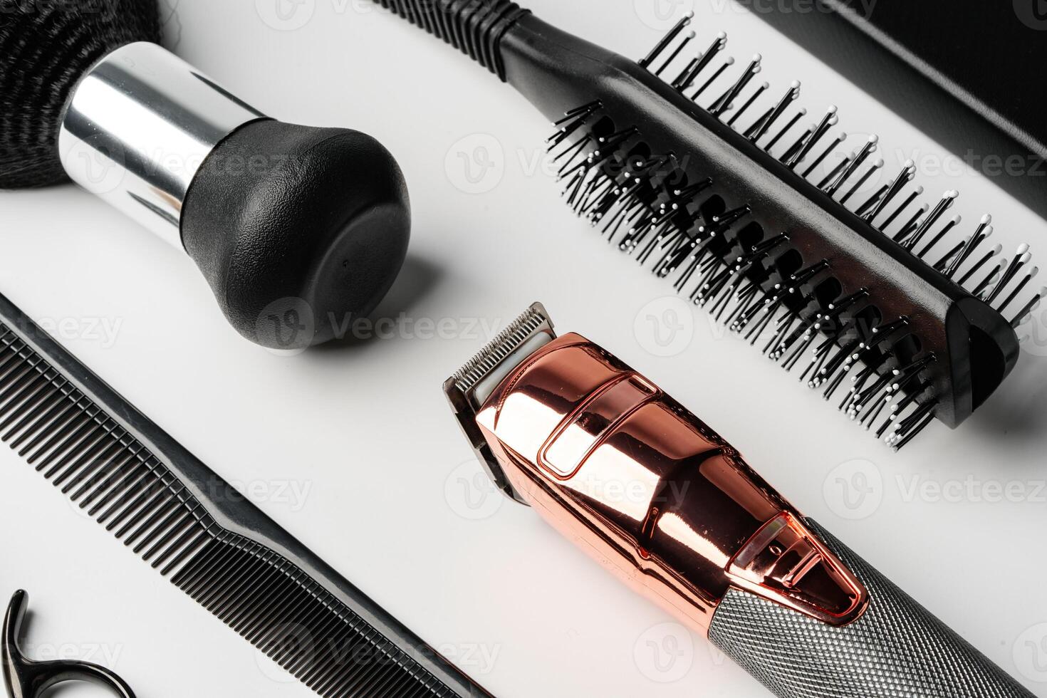 Pattern of various shaving and bauty care accessories for men on gray background photo