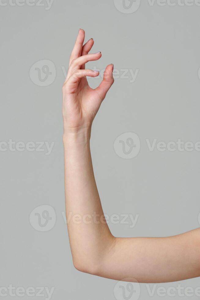 Female hand sign against gray background in studio photo
