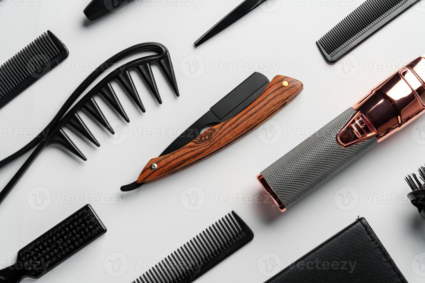 Pattern of various shaving and bauty care accessories for men on gray background photo