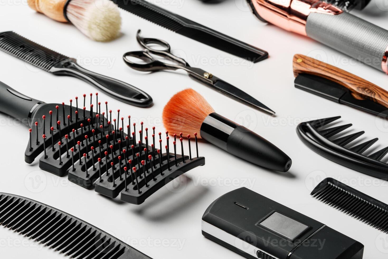 Pattern of various shaving and bauty care accessories for men on gray background photo