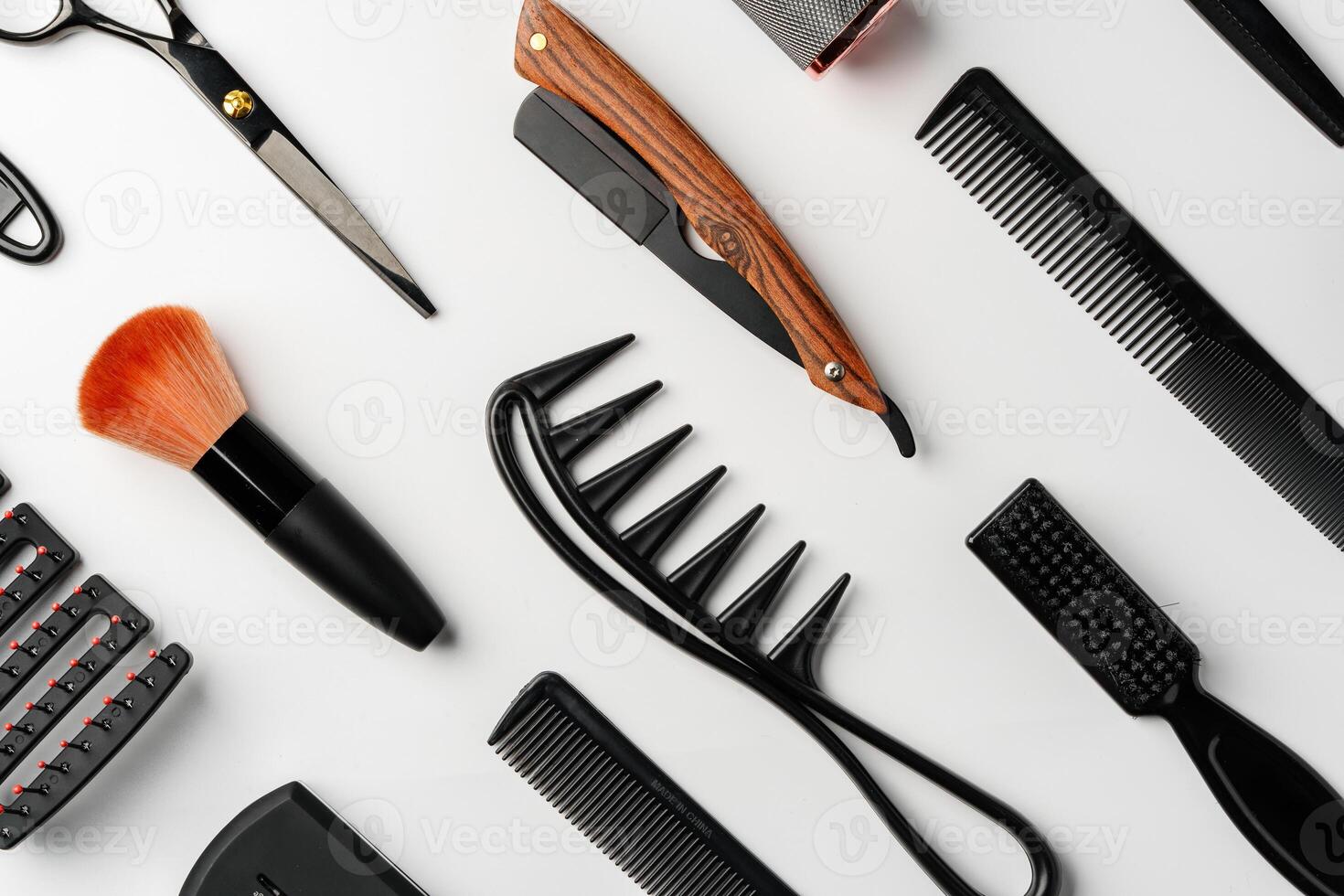 Pattern of various shaving and bauty care accessories for men on gray background photo