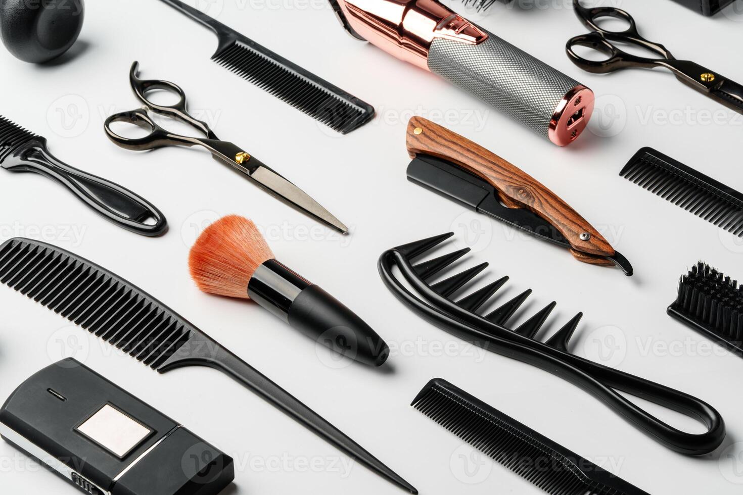Pattern of various shaving and bauty care accessories for men on gray background photo