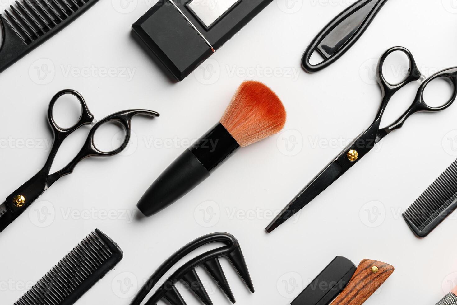 Pattern of various shaving and bauty care accessories for men on gray background photo