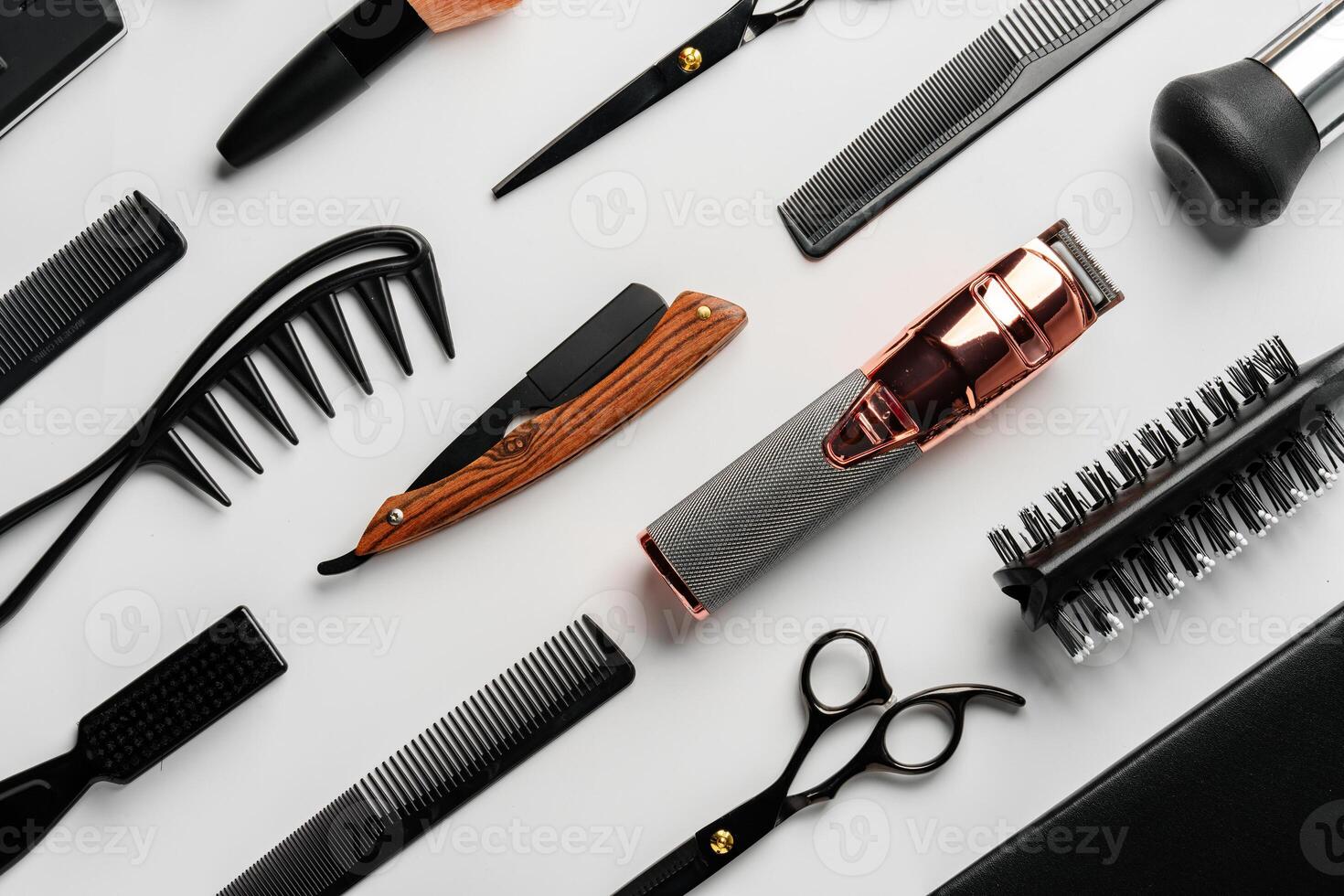 Pattern of various shaving and bauty care accessories for men on gray background photo
