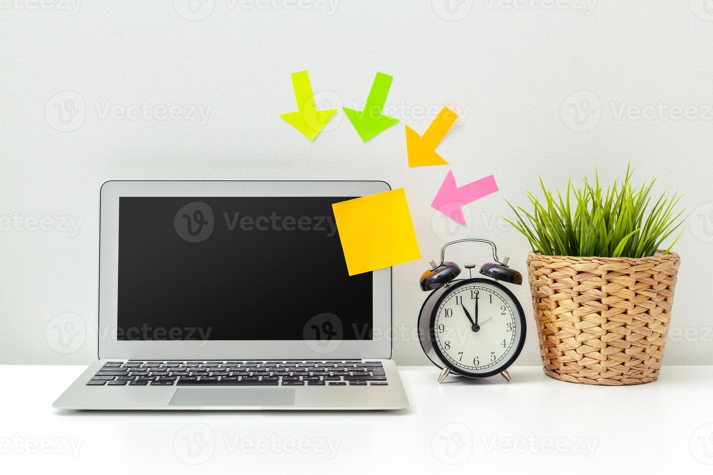 Office desk table with supplies photo