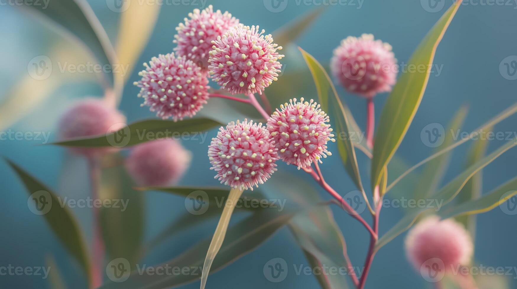 Close-up of pink flowers on slender branches against a soft blue background during early morning light in a tranquil garden photo