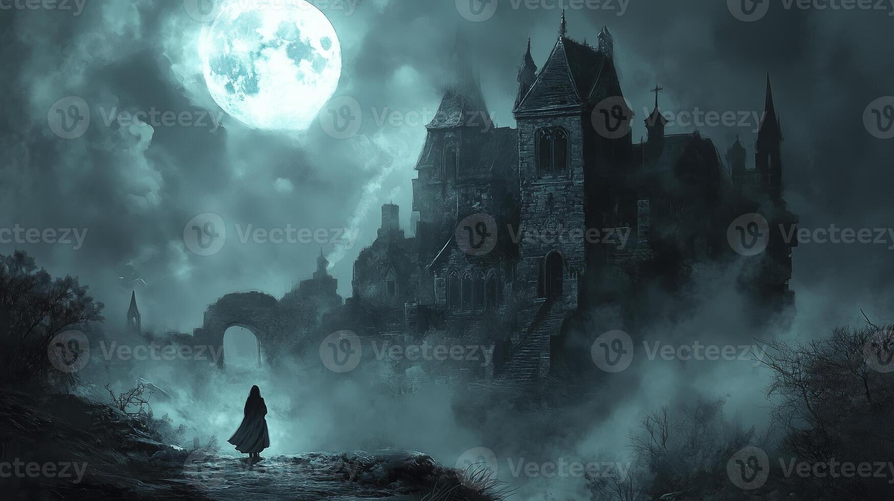 A figure walks toward an ominous castle shrouded in mist under a bright full moon at night photo