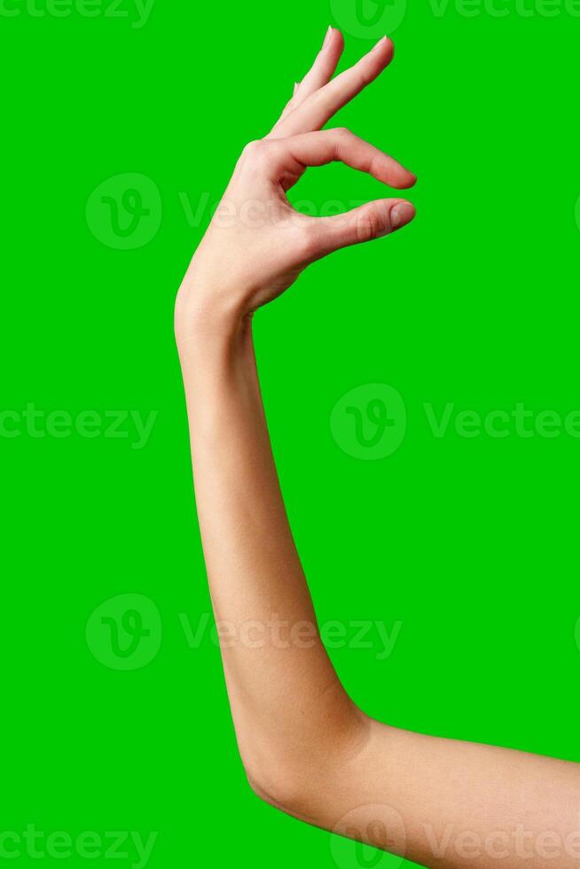 A womans hand extends upward into the air, fingers outstretched, reaching upward towards an unseen destination. photo