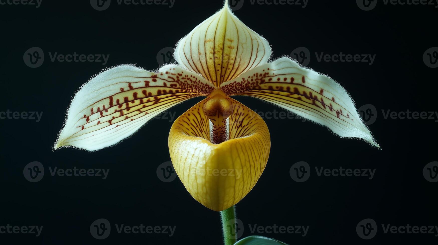 A vibrant Paphiopedilum orchid showcasing its intricate patterns and elegant structure against a dark background photo