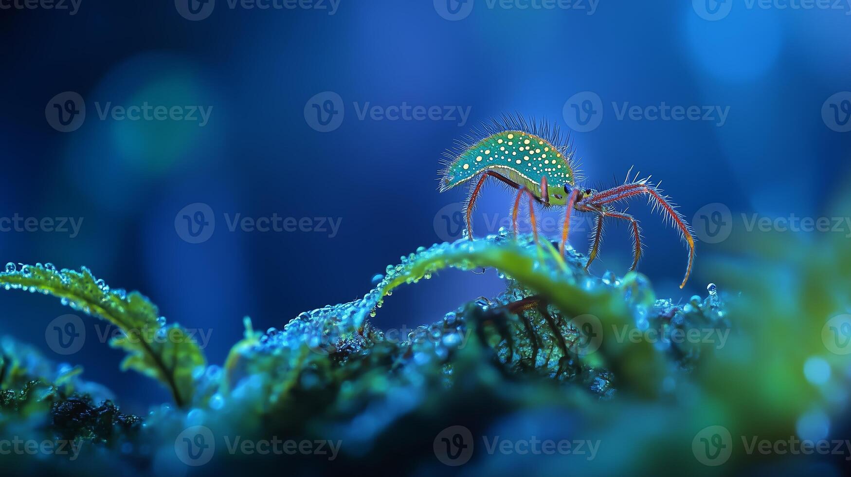 Detailed close-up of a vibrant spider on lush greenery in a misty forest during twilight hours photo