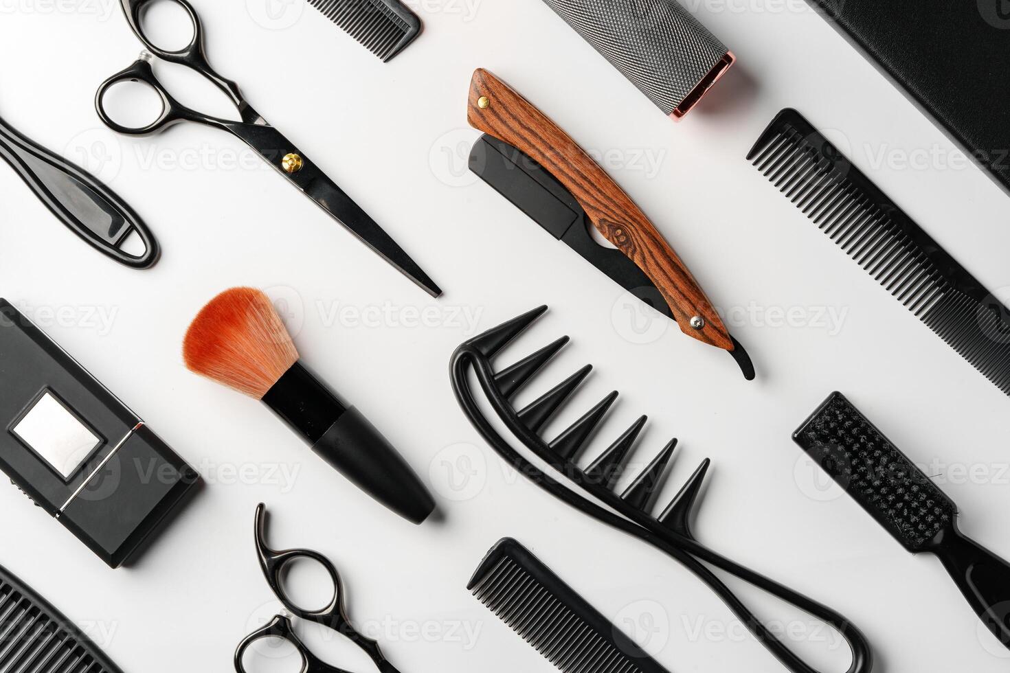 Pattern of various shaving and bauty care accessories for men on gray background photo