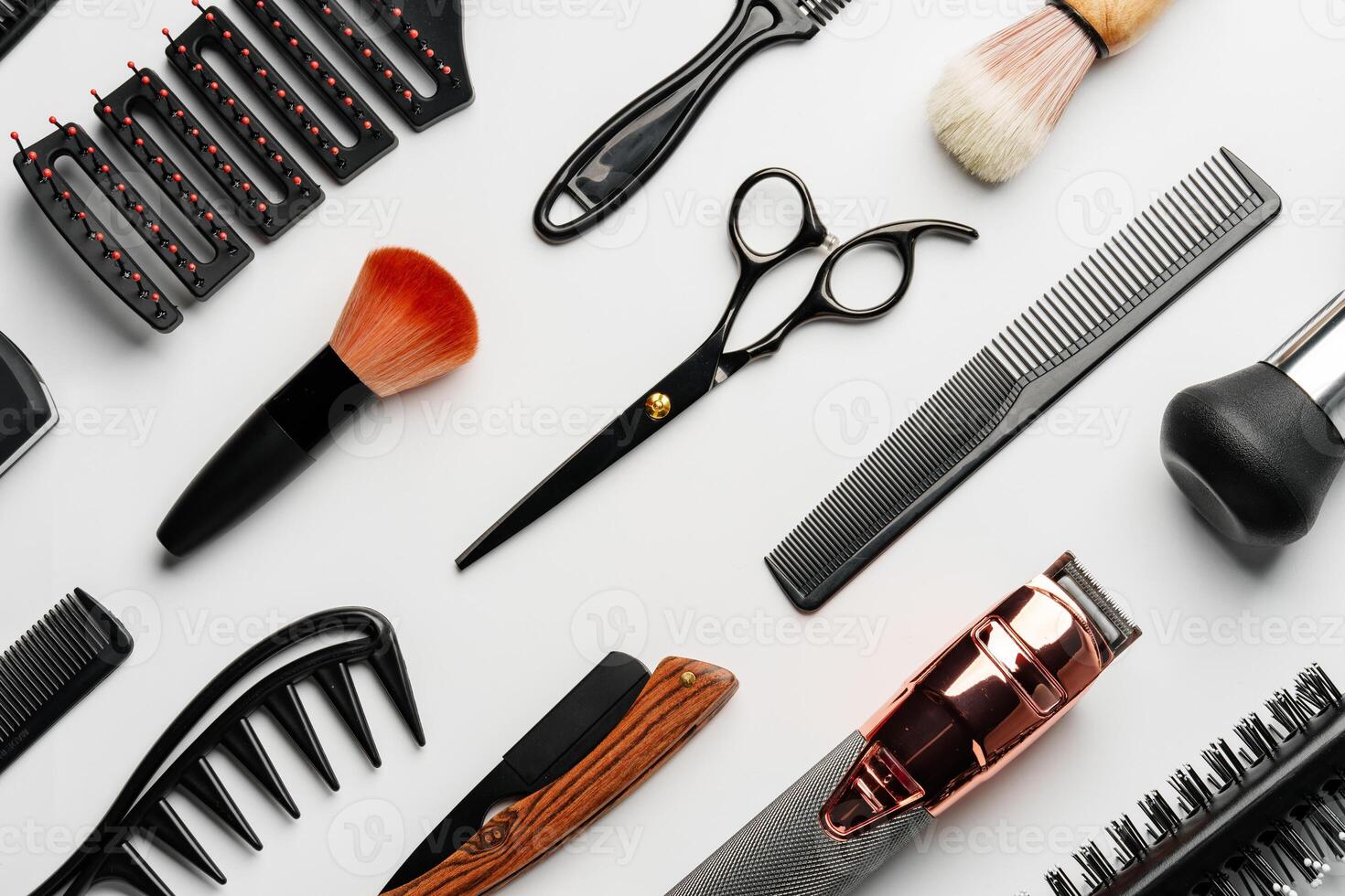 Pattern of various shaving and bauty care accessories for men on gray background photo