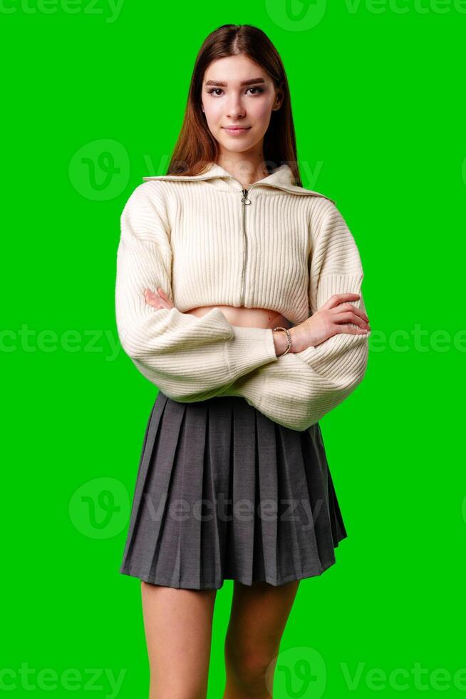 Woman in White Sweater Posing for Picture photo