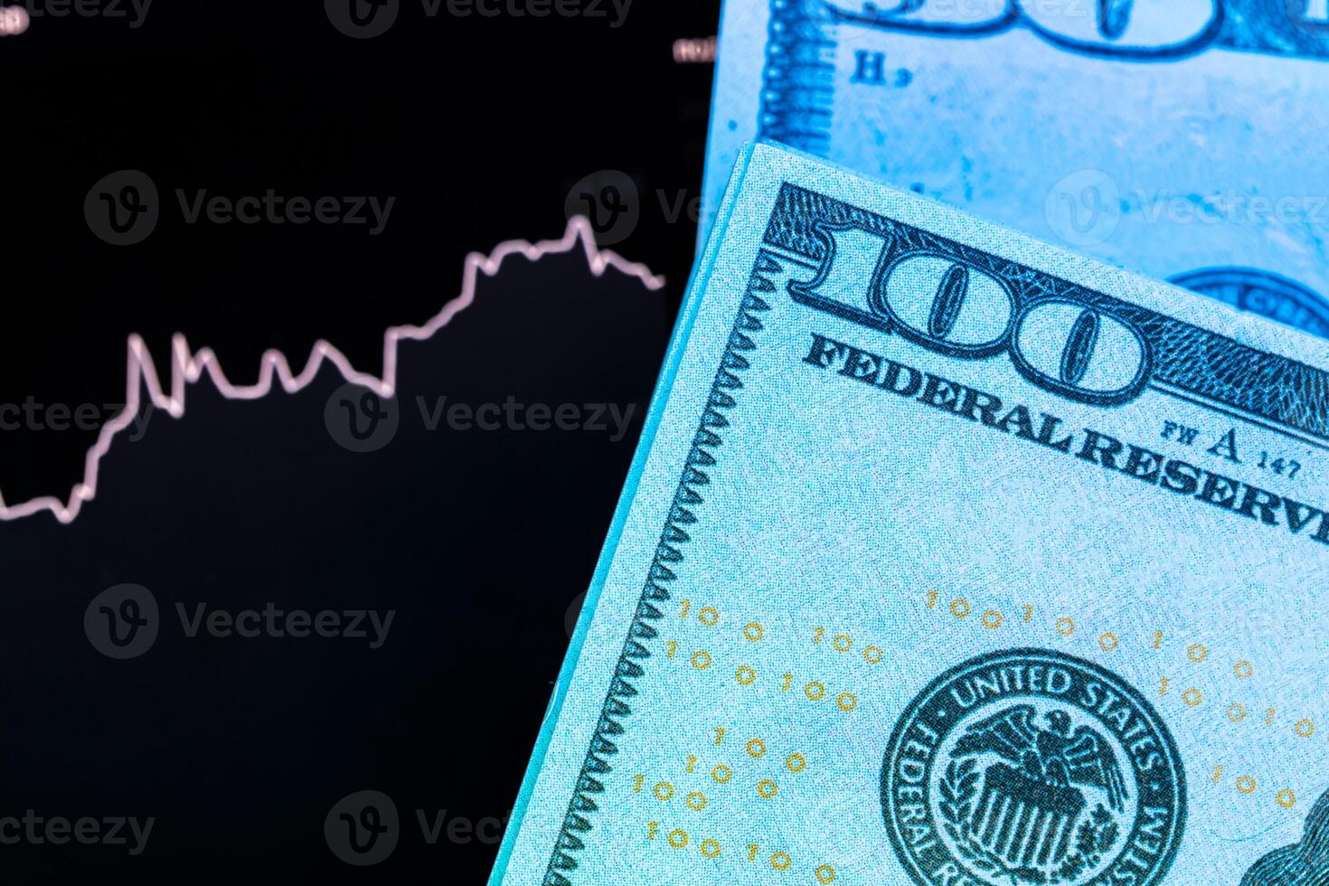 Dollars in front of a monitor with a price chart. Forex and trading. photo