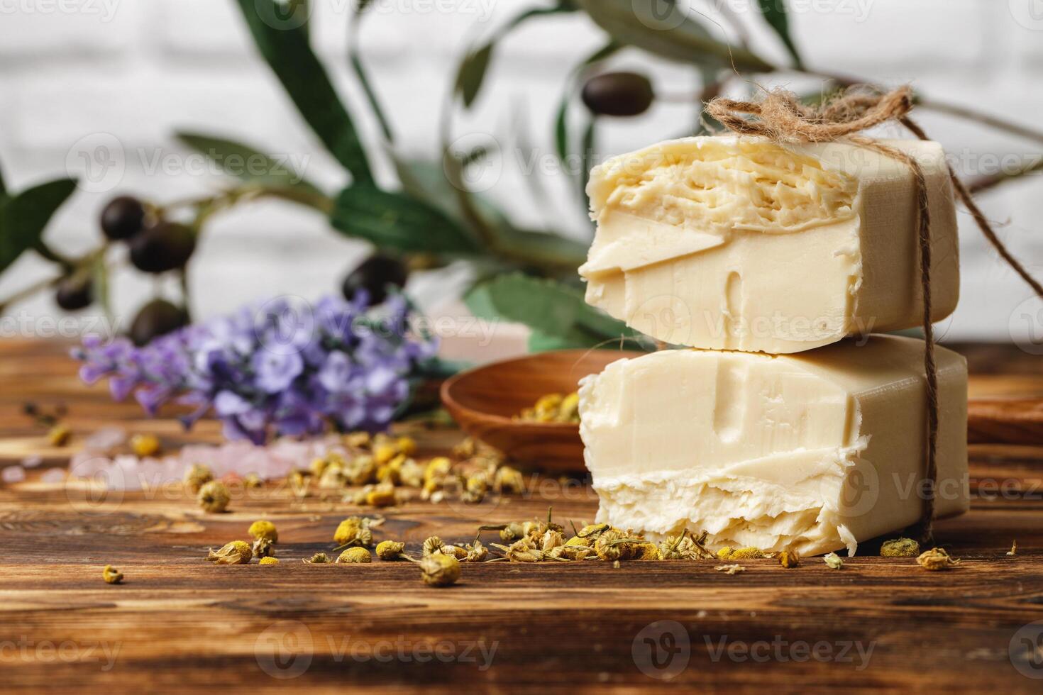 Natural handmade soap bars with flowers, close up photo