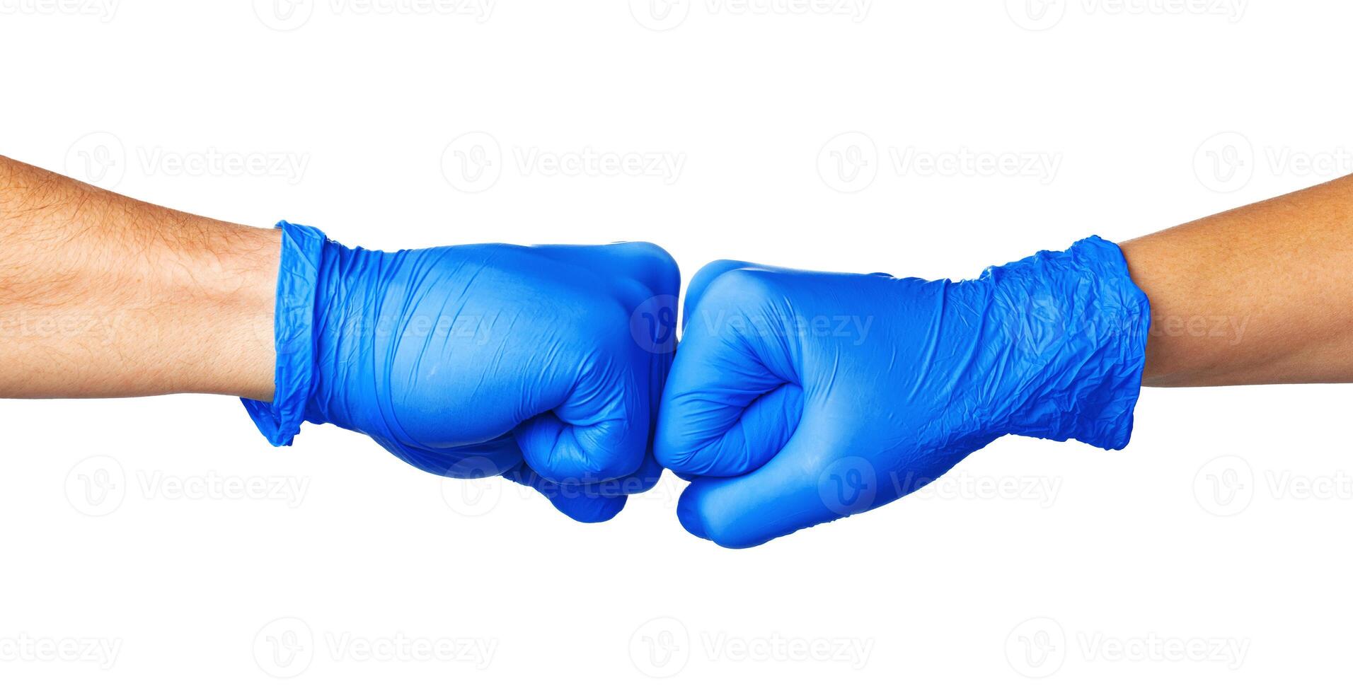 Handshake in a blue gloves, help concept. Personal hygiene during a pandemic photo