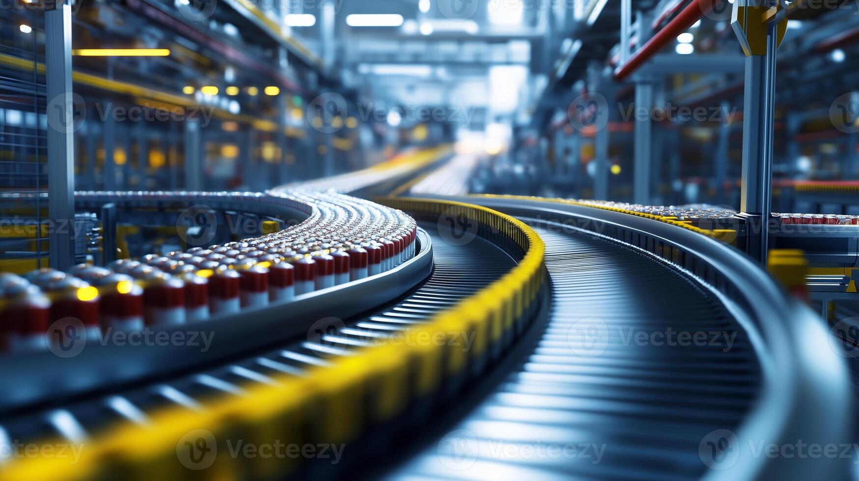 Bending conveyor belt transporting packages in a modern automated warehouse during daylight hours photo