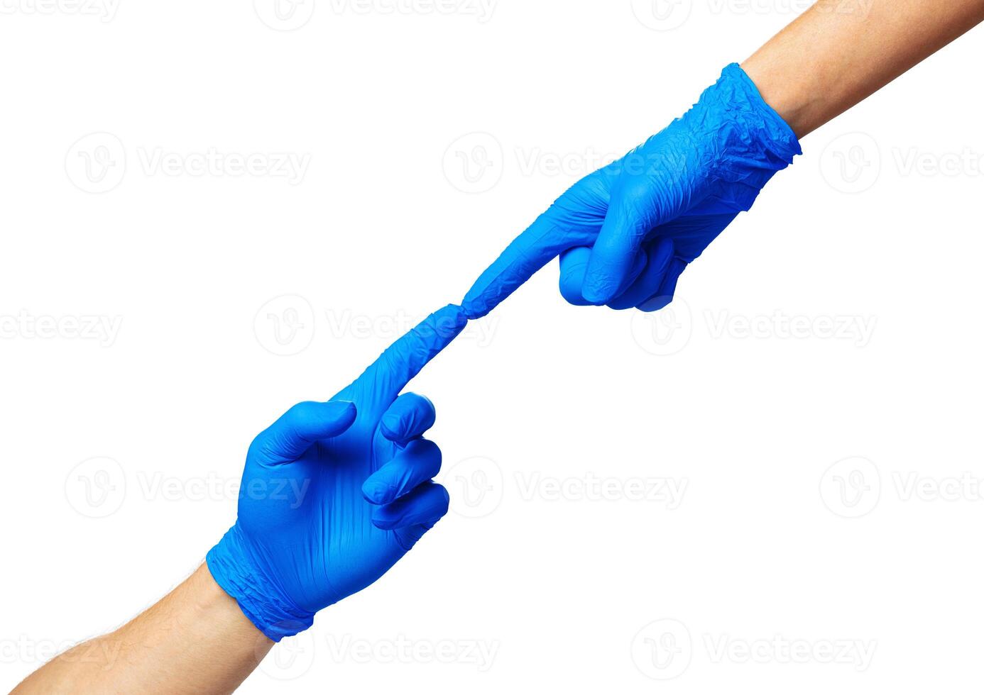 Male and female hands in medical gloves stretch to each other. Help concept. photo