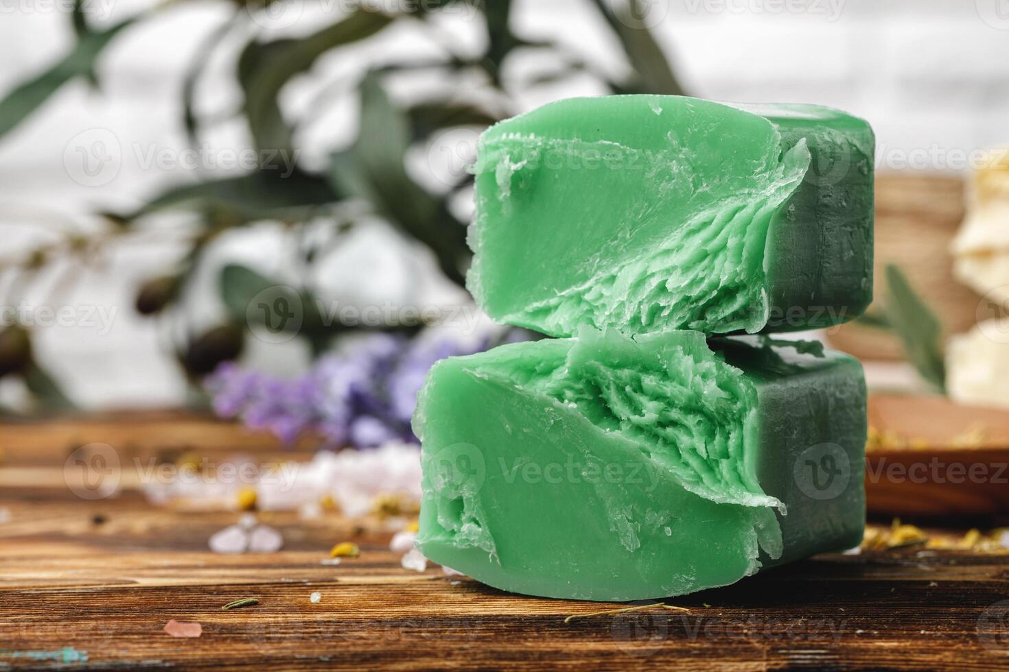 Natural handmade soap bars with flowers, close up photo