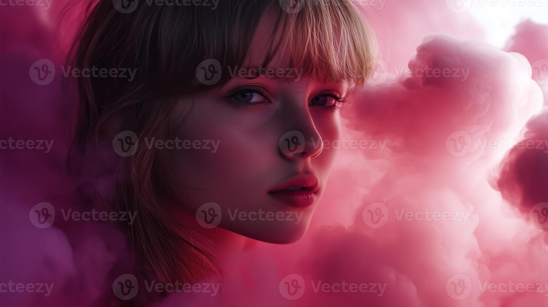 Woman with soft features surrounded by vibrant pink smoke in a dreamy, artistic setting during twilight photo