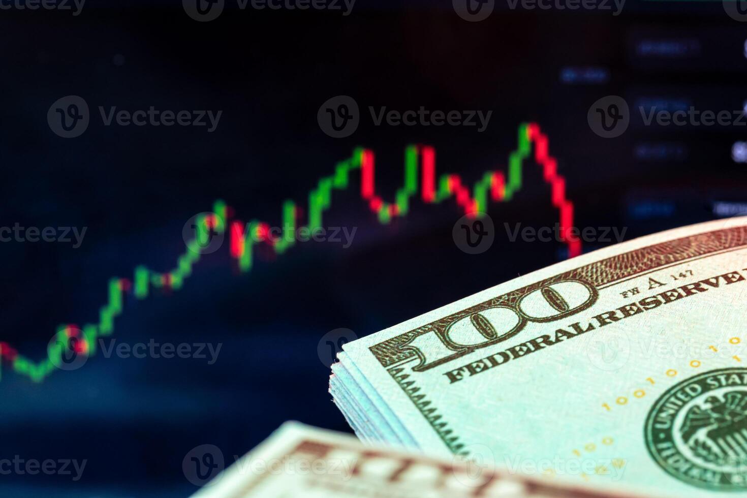Dollars in front of a monitor with a price chart. Forex and trading. photo