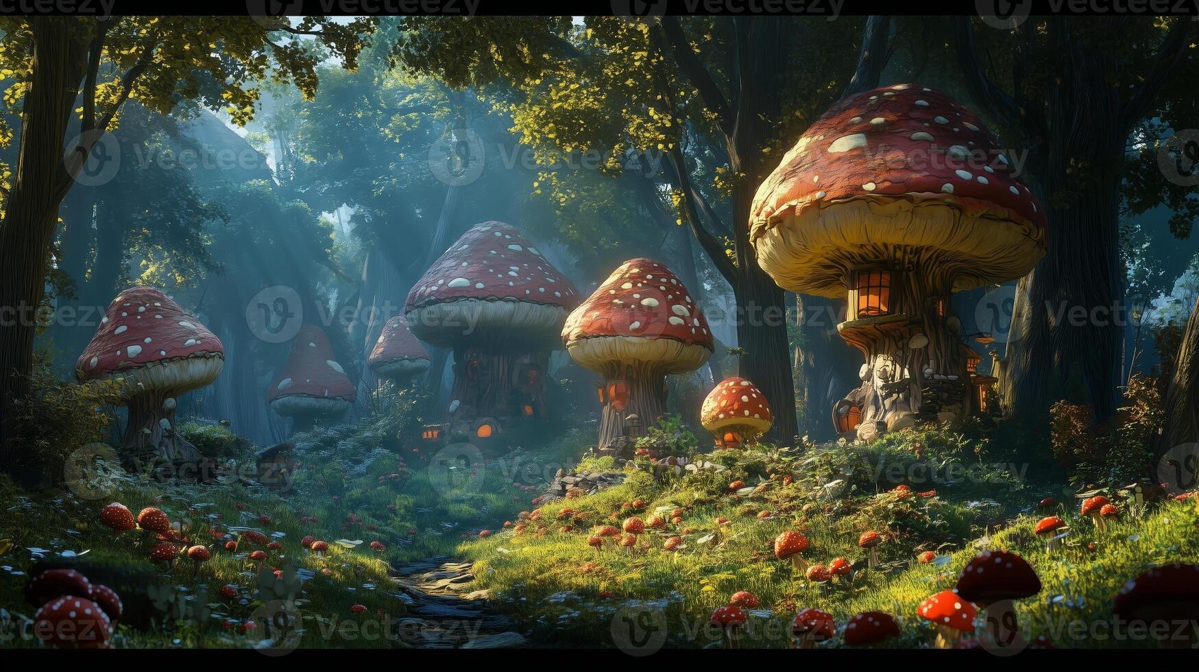 A magical fairy tale forest with giant mushrooms and enchanting warm light bathed in soft afternoon glow photo
