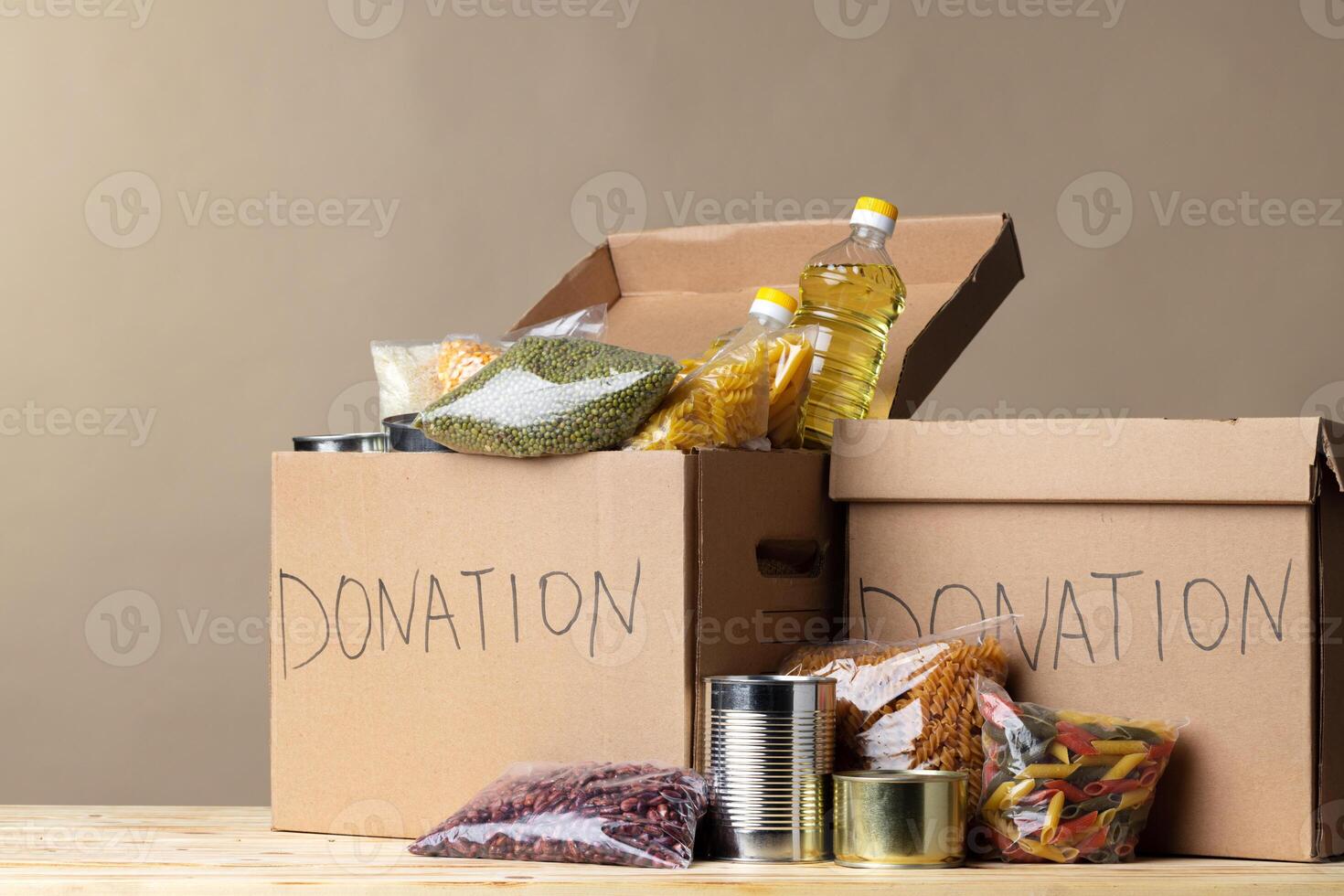 Donation box with various food. Pandemic support. photo