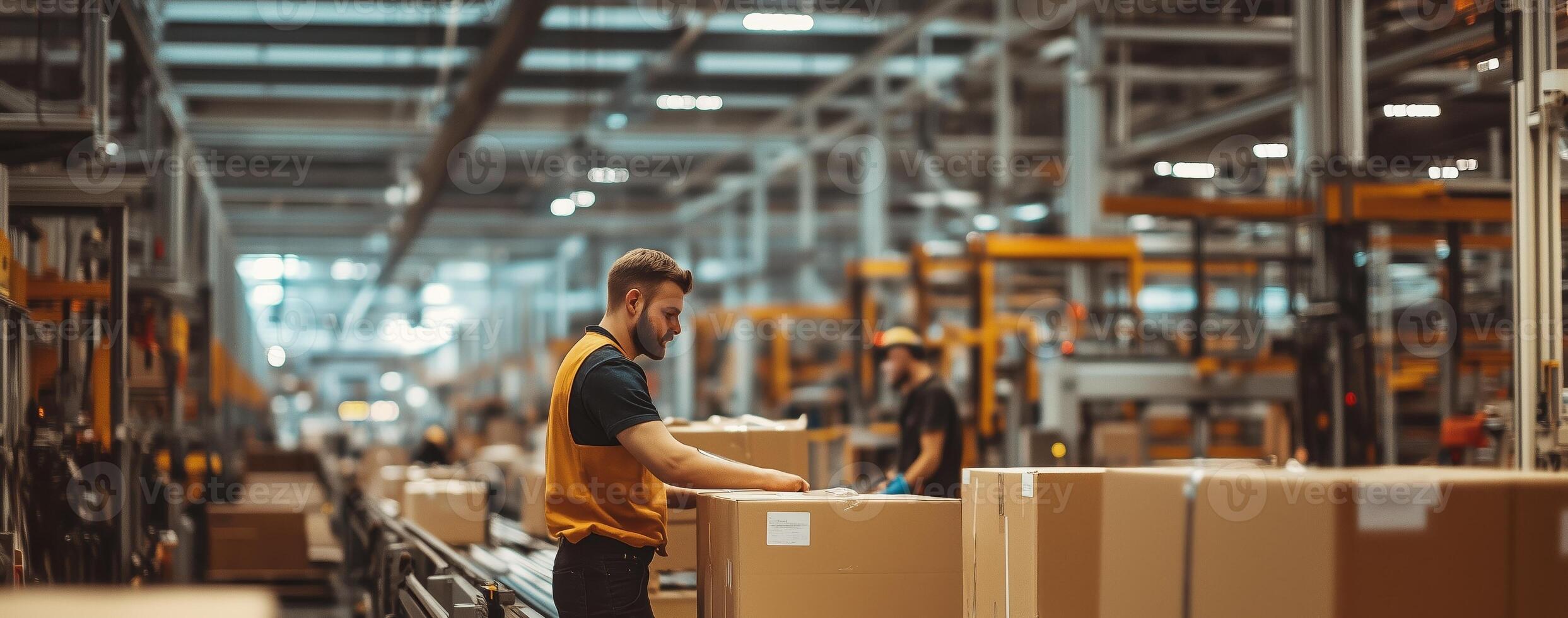 Warehouse worker organizing packages during a busy operation in a large distribution center in daylight photo