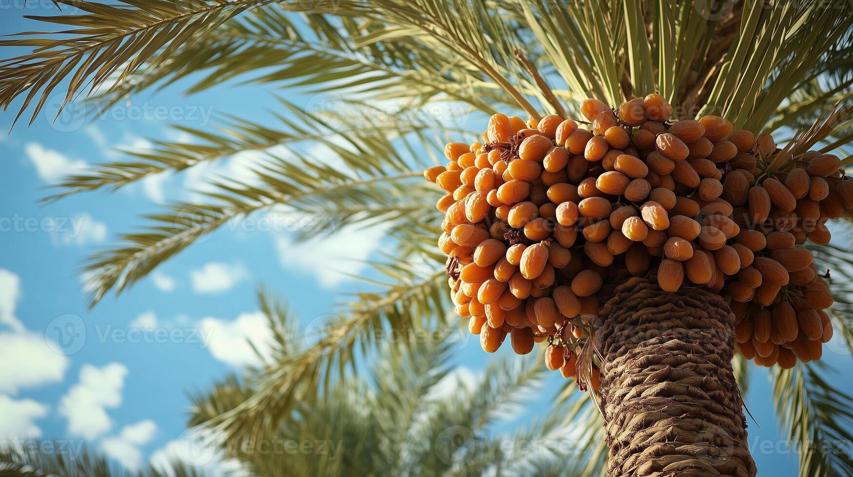 Date palm tree laden with ripe fruit under a sunny sky in a desert environment showcasing lush vegetation and bright blue hues photo