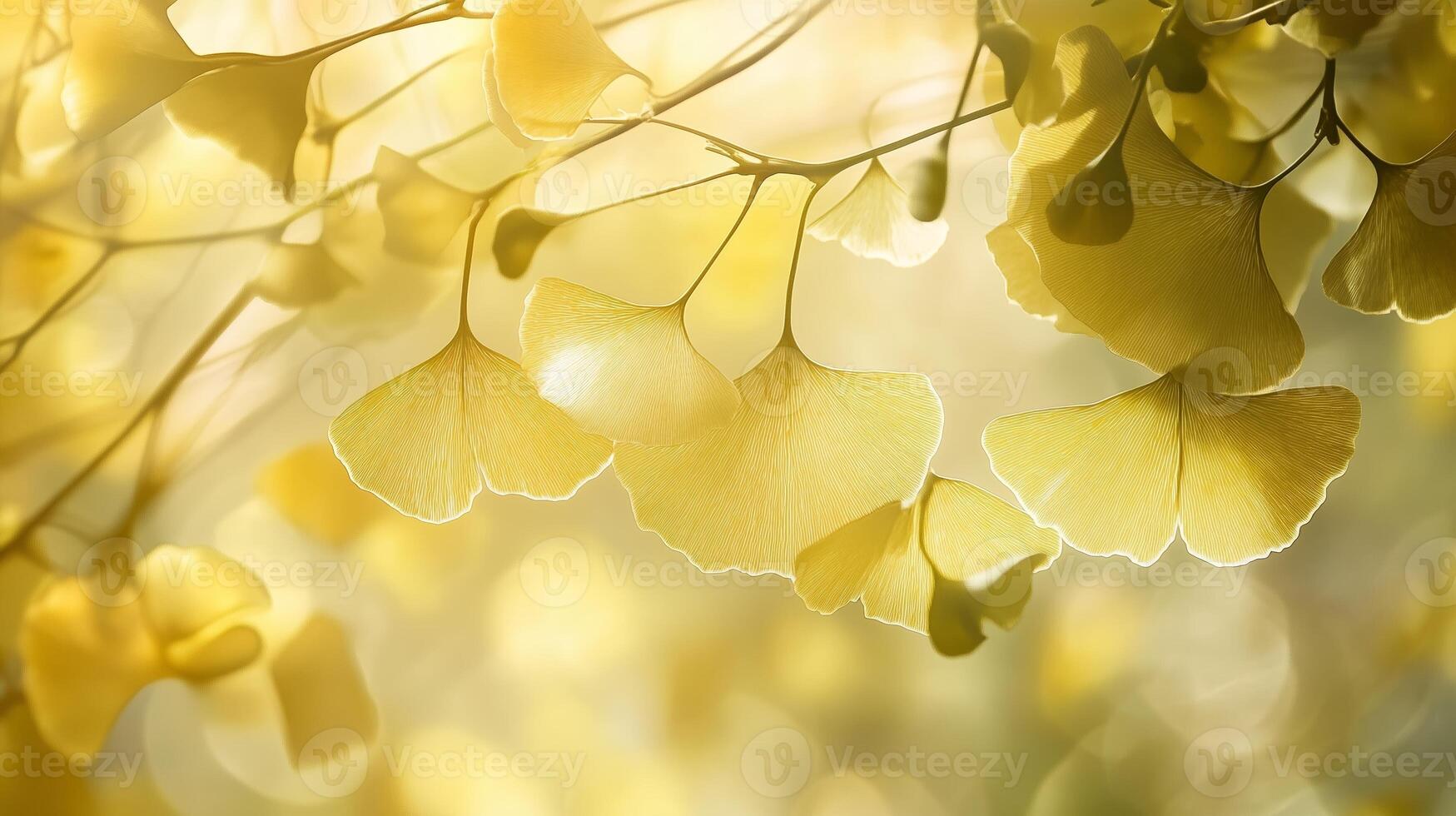Golden ginkgo leaves shimmering in sunlight during autumn at a serene park setting photo