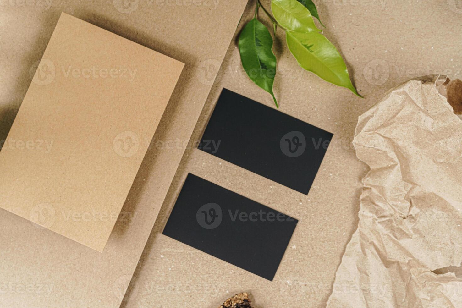 Set of craft elements with copy space and green leaves photo