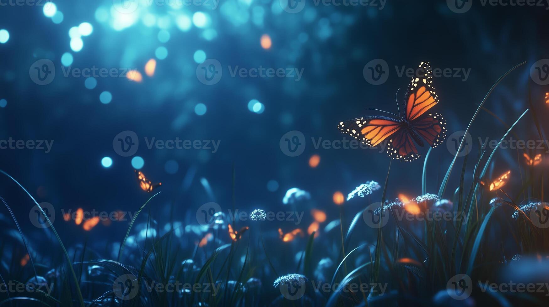 A magical evening scene with glowing butterflies dancing above a garden of vibrant flowers under a twilight sky photo