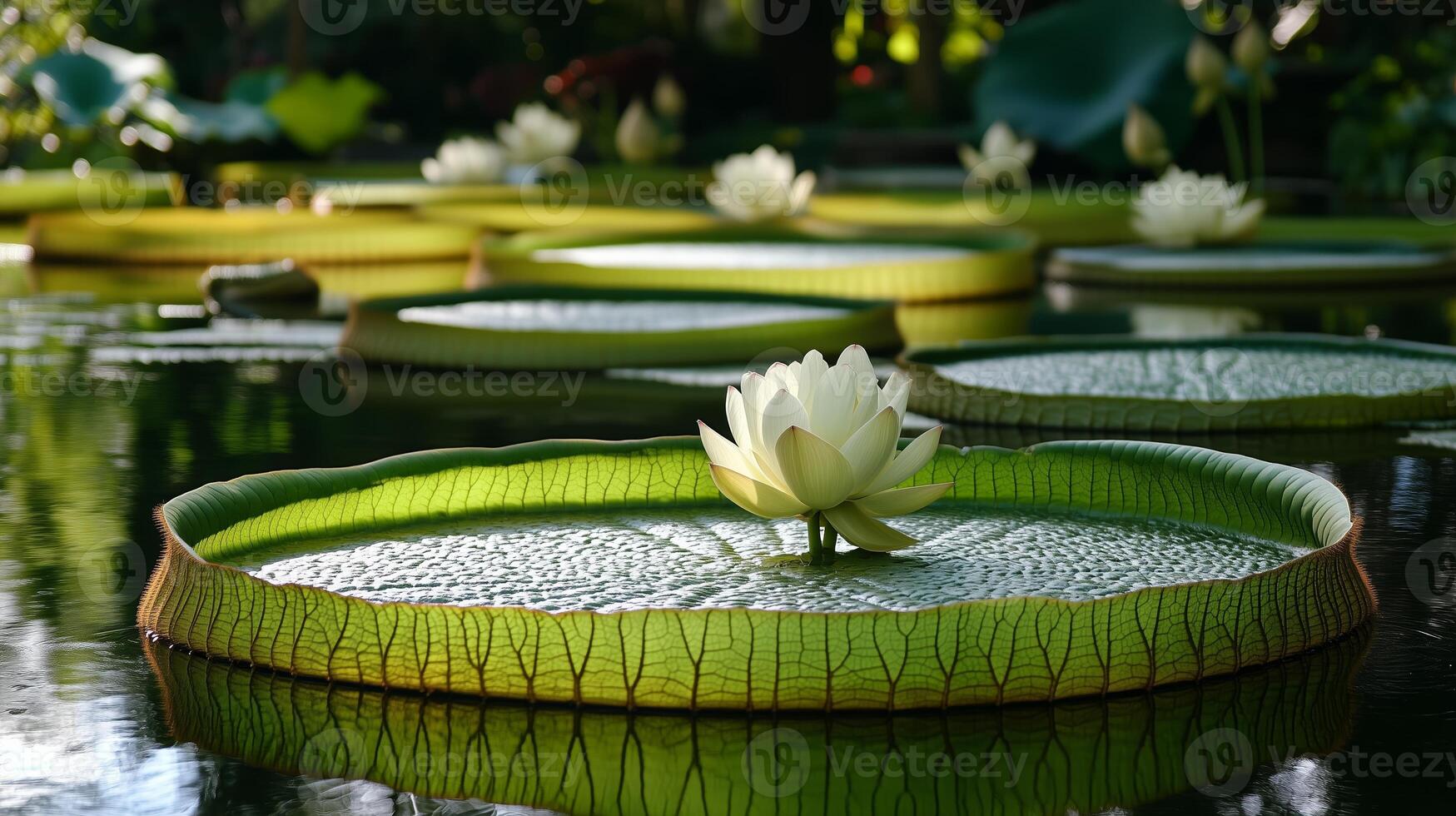 A tranquil water garden with giant lily pads and blooming white lotus flowers in a lush setting during bright daylight photo