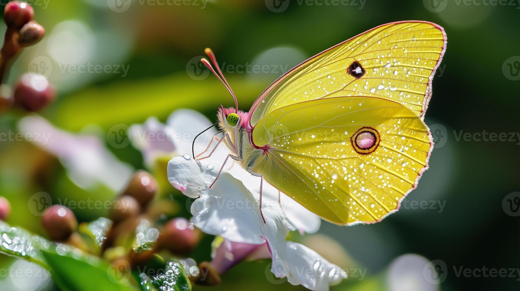 A vibrant yellow butterfly perched delicately on a blooming white flower in the lush greenery of a sunny garden during spring photo