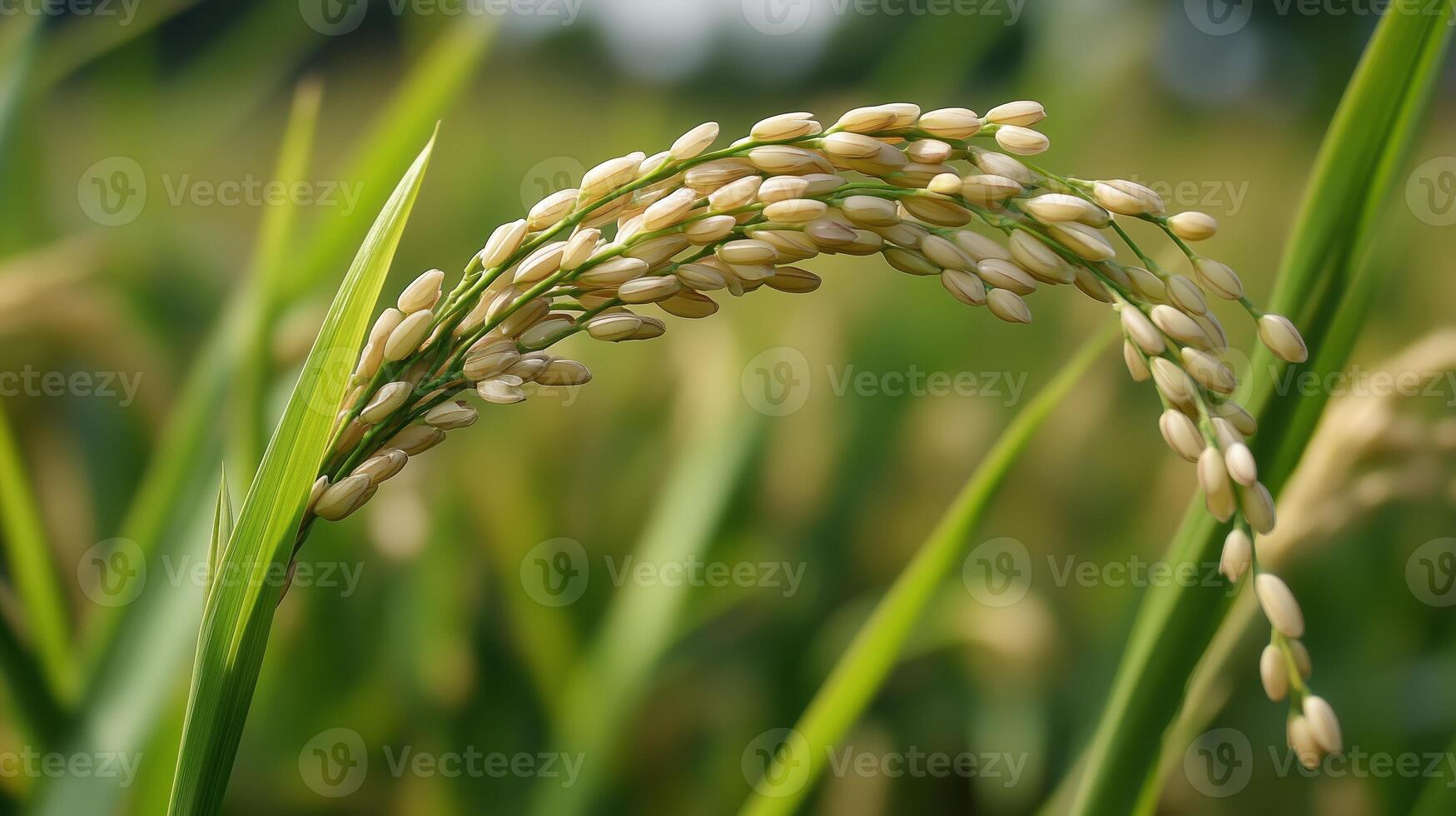 Close-up view of ripening rice grains on stalks in a lush green rice field during a sunny day in summer photo