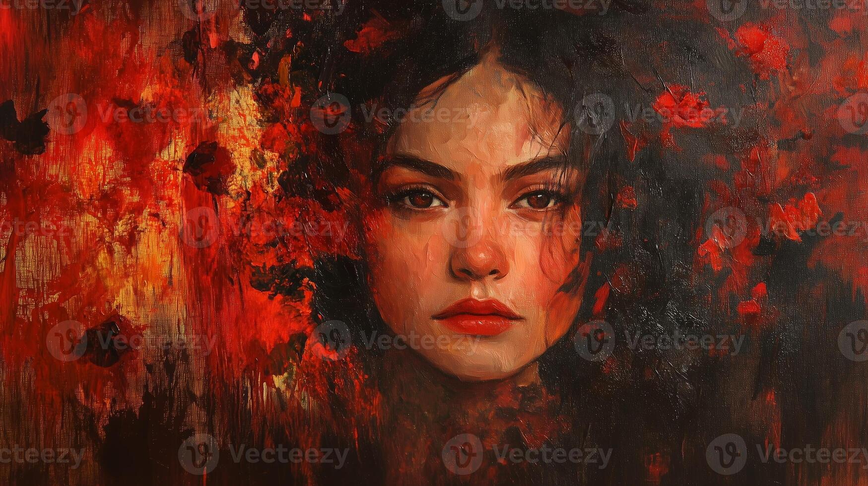 A captivating portrait of a young woman surrounded by vibrant red and orange textures in an artistic expression of emotion photo